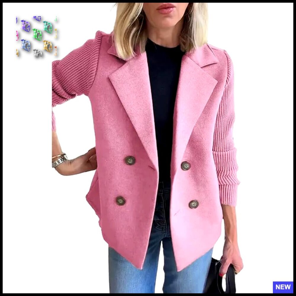 Cropped Wool Blend Pea Coat Double Breasted Notch Lapel Knit Blazer Jacket